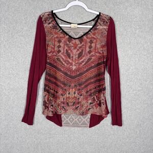Daytrip Top Small Burgundy Sheer Crochet‎ Tunic Southwest Festival Artsy Boho